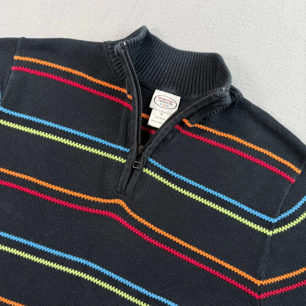 Vintage Talbots Kids Sweater Boys 12 Black Rainbow Stripe Quarter Zip Cotton